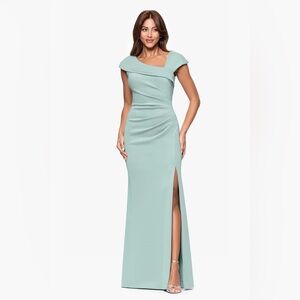 Xscape Seafoam/Sage Green Cap Sleeve Gown Side Slit Size 14 NWT Formal Dress
